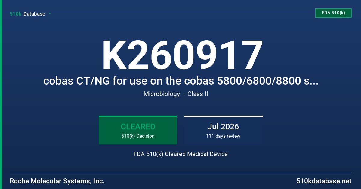 K260917 cobas CT/NG for use on the cobas 5800/6800/8800 systems FDA 510(k) Cleared Medical Device