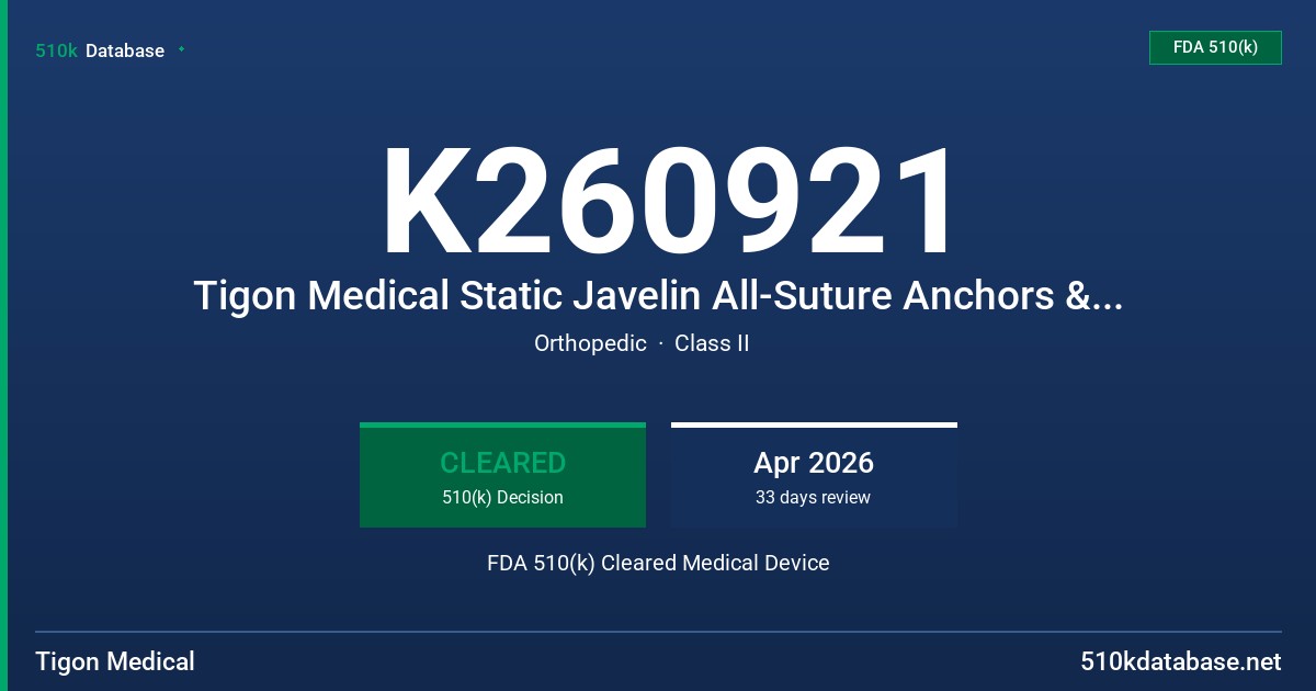 K260921 Tigon Medical Static Javelin All-Suture Anchors & Javelin All-Suture Anchor Line FDA 510(k) Cleared Medical Device