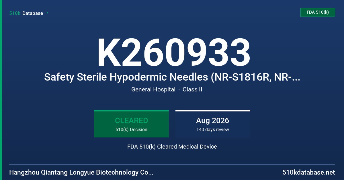 K260933 Safety Sterile Hypodermic Needles (NR-S1816R, NR-S1916R, NR-S1925R, NR-S1938R, NR-S2016R, NR-S2025R, NR-S2038R, NR-S2051R, NR-S2116R, NR-S2125R, NR-S2138R, NR-S2151R, NR-S2216R, NR-S2225R, NR-S2238R, NR-S2251R, NR-S2316R, NR-S2325R, NR-S2338R, NR-S2351R, NR-S2516R, NR-S2525R, NR-S2538R, NR-S2551R, NR-S2516T, NR-S2525T, NR-S2538T, NR-S2551T) FDA 510(k) Cleared Medical Device