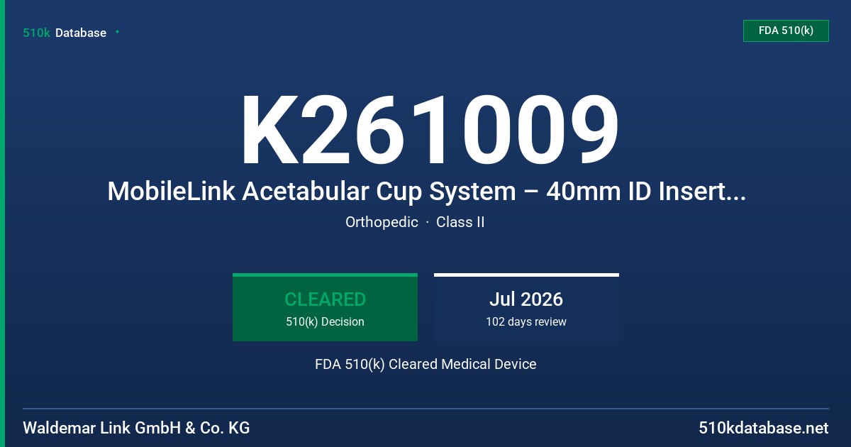 K261009 MobileLink Acetabular Cup System – 40mm ID Inserts (various) FDA 510(k) Cleared Medical Device