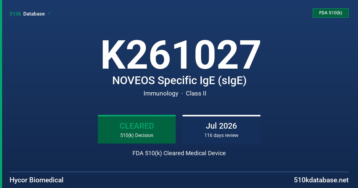 K261027 NOVEOS Specific IgE (sIgE) FDA 510(k) Cleared Medical Device