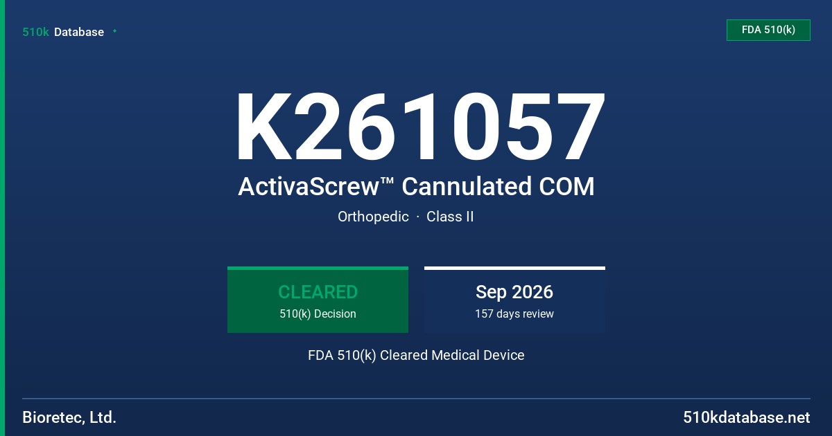 K261057 ActivaScrew™ Cannulated COM FDA 510(k) Cleared Medical Device