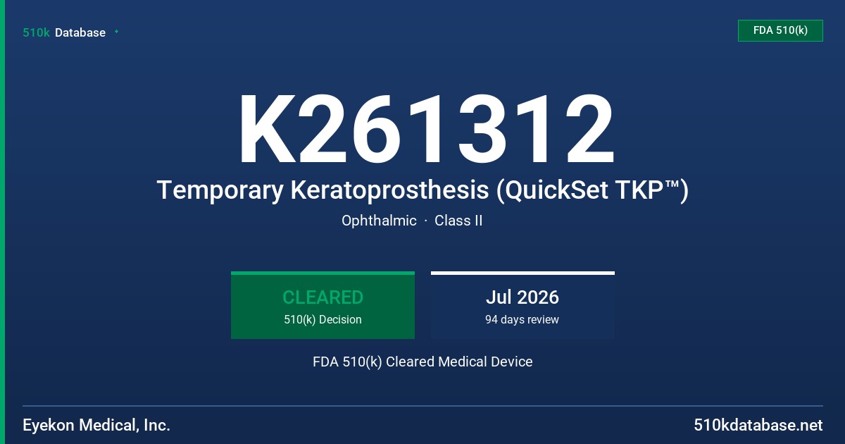 K261312 Temporary Keratoprosthesis (QuickSet TKP™) FDA 510(k) Cleared Medical Device