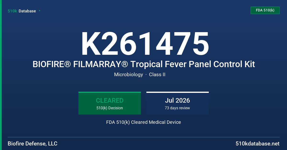 K261475 BIOFIRE® FILMARRAY® Tropical Fever Panel Control Kit FDA 510(k) Cleared Medical Device