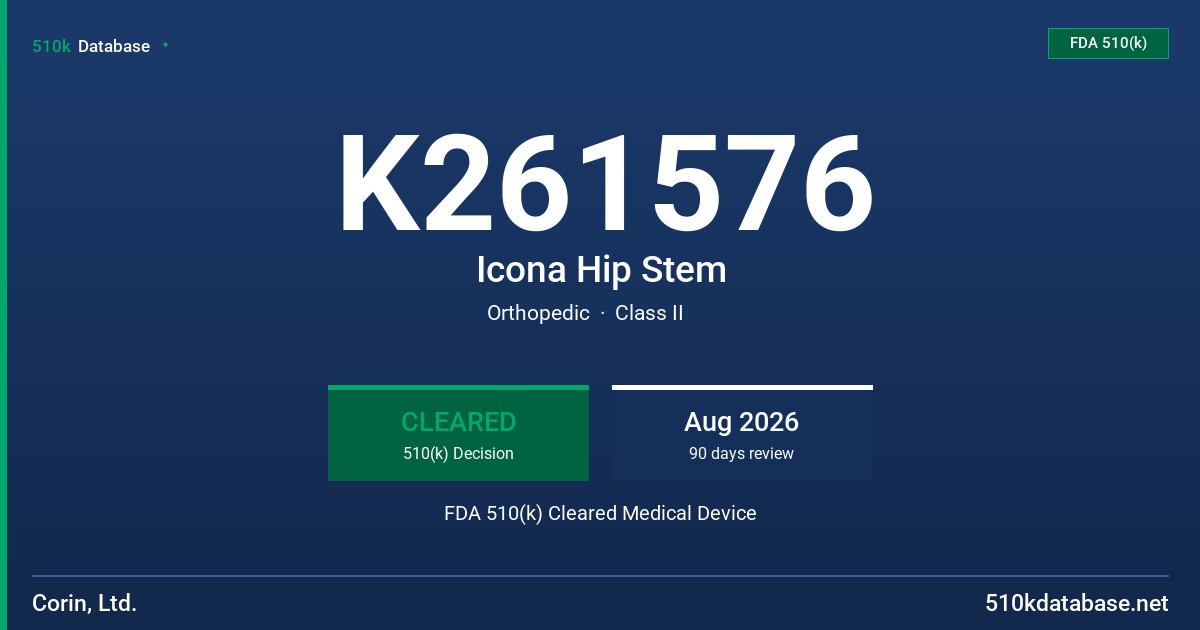 K261576 Icona Hip Stem FDA 510(k) Cleared Medical Device