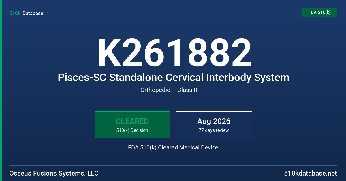 K261882 Pisces-SC Standalone Cervical Interbody System FDA 510(k) Cleared Medical Device