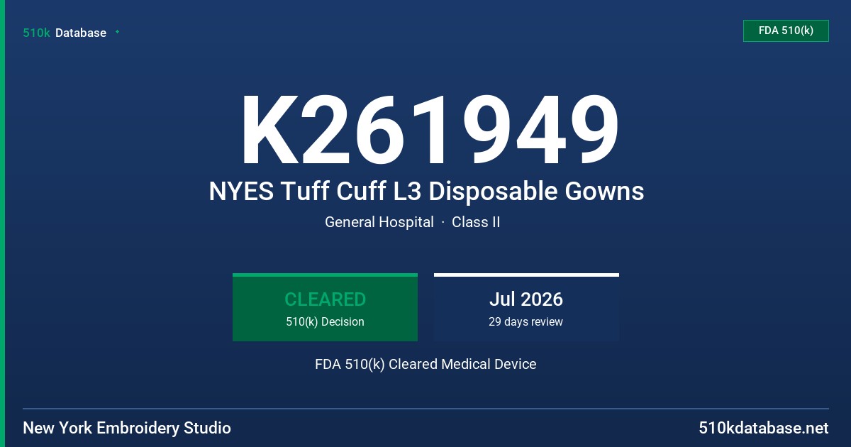 K261949 NYES Tuff Cuff L3 Disposable Gowns FDA 510(k) Cleared Medical Device