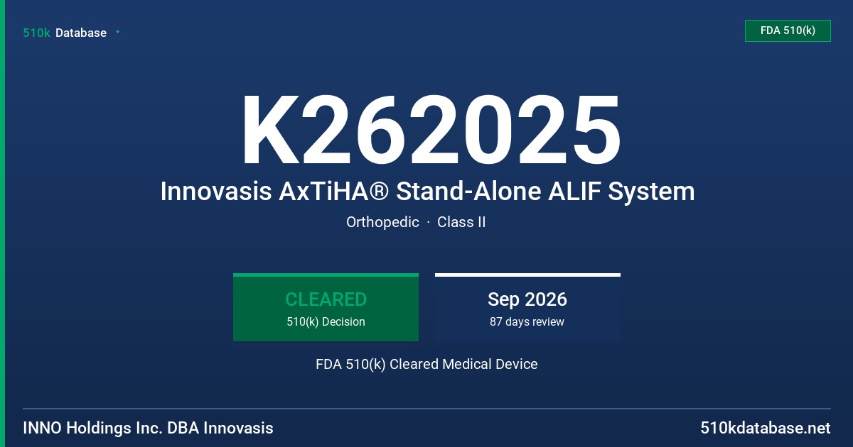K262025 Innovasis AxTiHA® Stand-Alone ALIF System FDA 510(k) Cleared Medical Device