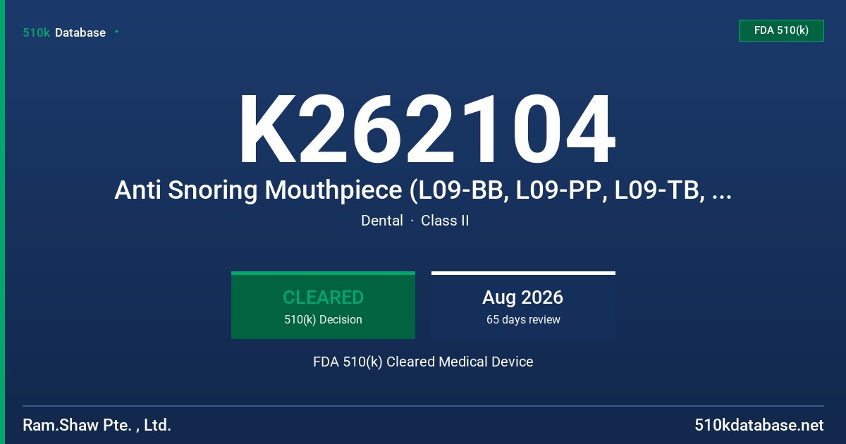 K262104 Anti Snoring Mouthpiece (L09-BB, L09-PP, L09-TB, L09-BT, L09-TP, L09-PT, L09-TT) FDA 510(k) Cleared Medical Device