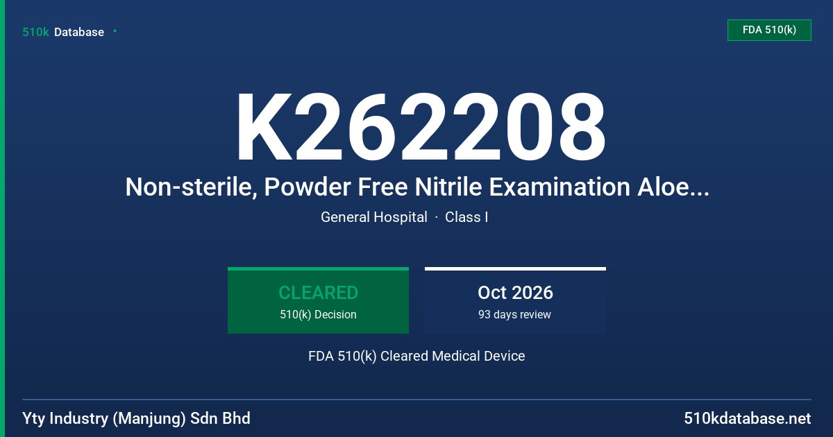 K262208 Non-sterile, Powder Free Nitrile Examination Aloe Vera Green Gloves, Low Dermatitis Potential, Tested for use with Chemotherapy Drugs, Fentanyl Citrate and Simulated Gastric Acid FDA 510(k) Cleared Medical Device