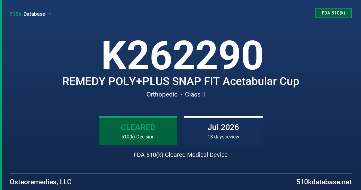 K262290 REMEDY POLY+PLUS SNAP FIT Acetabular Cup FDA 510(k) Cleared Medical Device