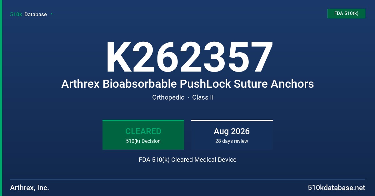 K262357 Arthrex Bioabsorbable PushLock Suture Anchors FDA 510(k) Cleared Medical Device
