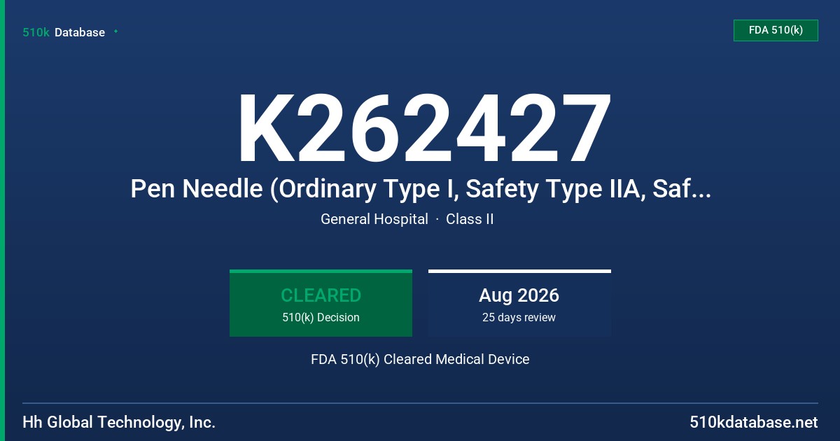 K262427 Pen Needle (Ordinary Type I, Safety Type IIA, Safety Type IIB, Safety Type IIIA, Safety Type IIIB, Safety Type IV, Safety Type V, Ordinary Type VIA, Ordinary Type VIB, Ordinary Type VIC, Safety Type VII, Ordinary Type IB, Safety type VIII, Safety Type IX, Safety Type X, Ordinary Type XI, Safety Type XII) FDA 510(k) Cleared Medical Device