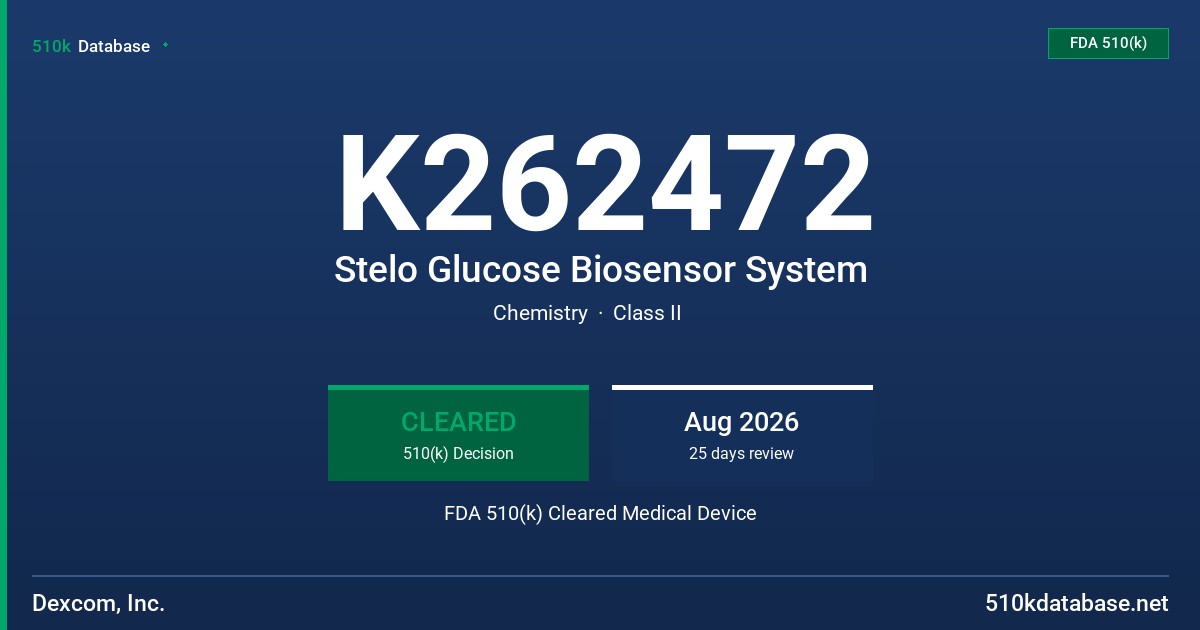 K262472 Stelo Glucose Biosensor System FDA 510(k) Cleared Medical Device