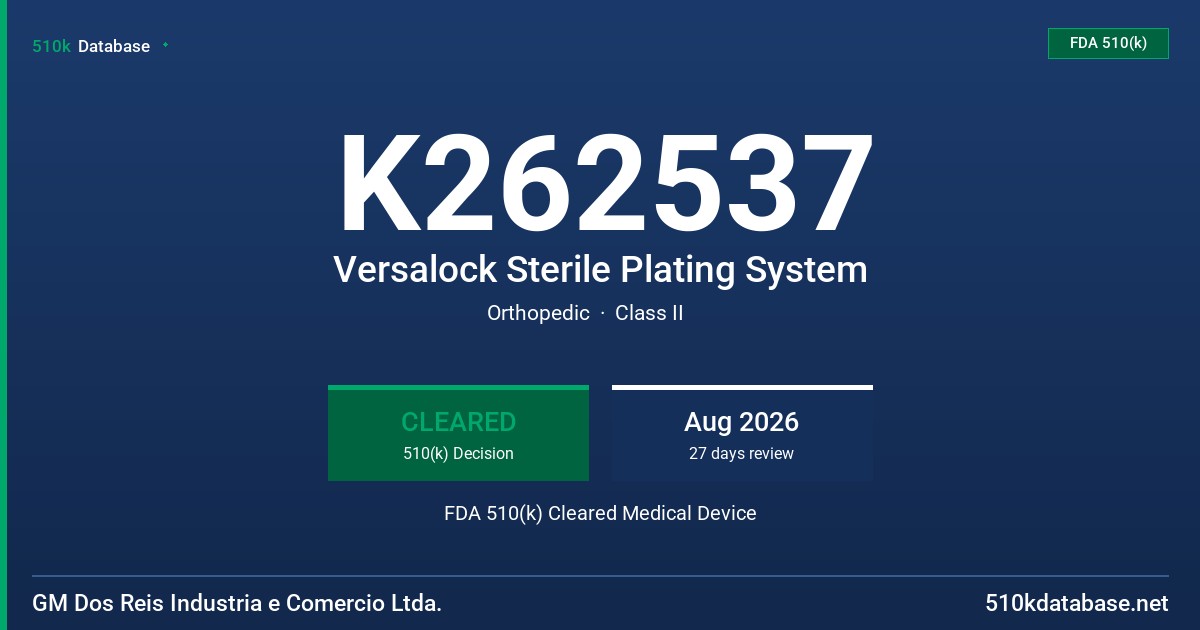 K262537 Versalock Sterile Plating System FDA 510(k) Cleared Medical Device