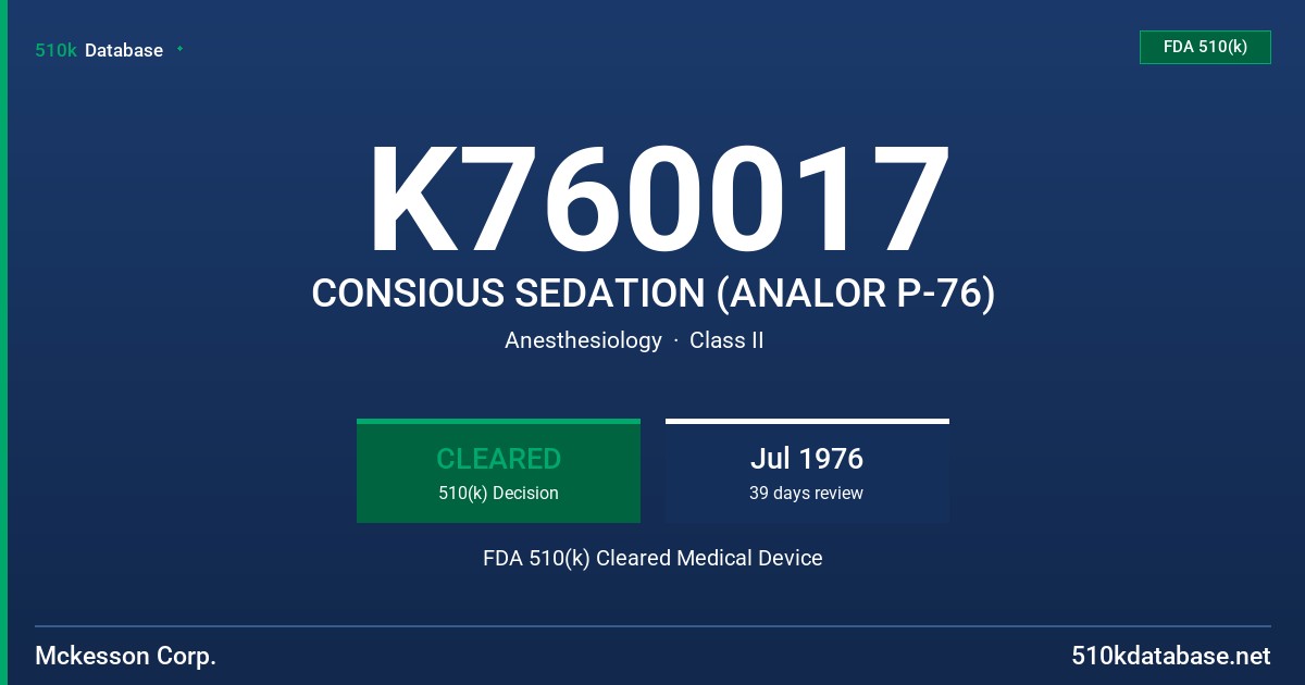 K760017 CONSIOUS SEDATION (ANALOR P-76) FDA 510(k) Cleared Medical Device