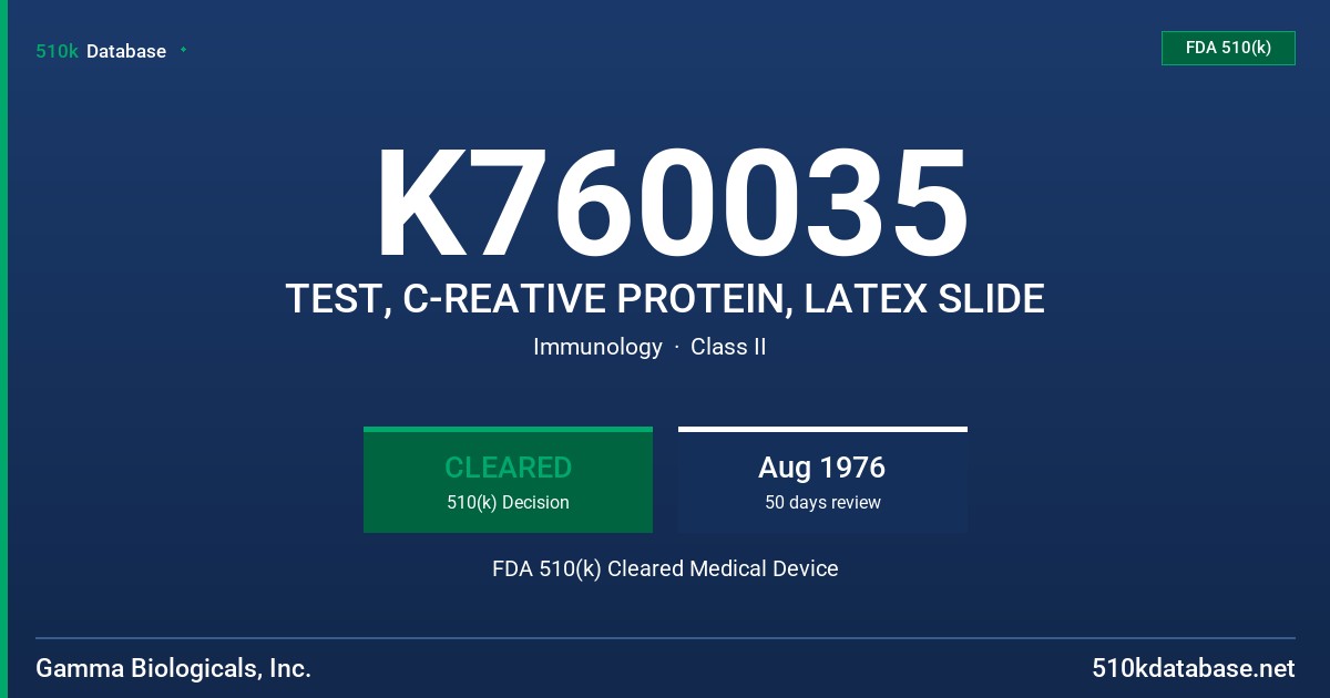 K760035 TEST, C-REATIVE PROTEIN, LATEX SLIDE FDA 510(k) Cleared Medical Device