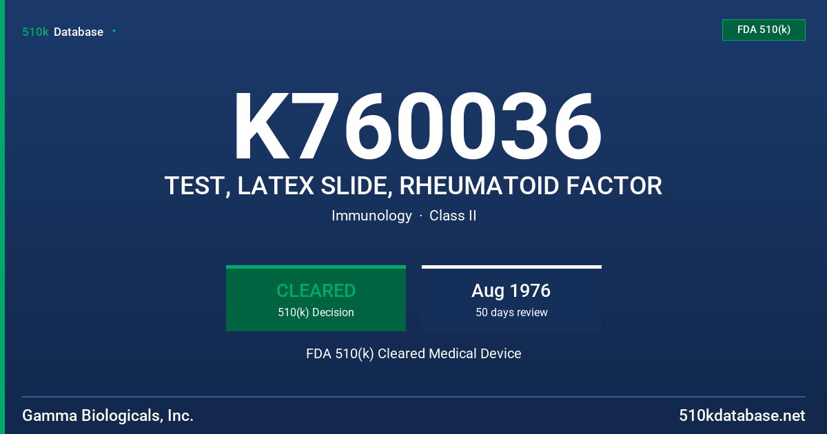 K760036 TEST, LATEX SLIDE, RHEUMATOID FACTOR FDA 510(k) Cleared Medical Device
