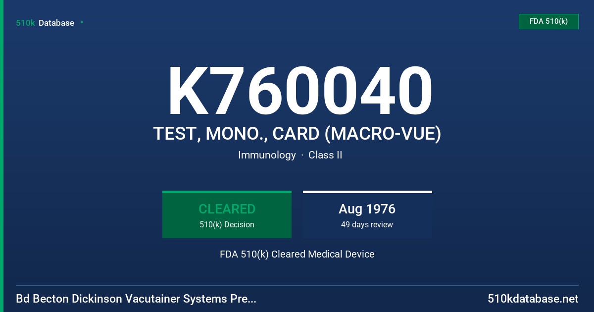 K760040 TEST, MONO., CARD (MACRO-VUE) FDA 510(k) Cleared Medical Device