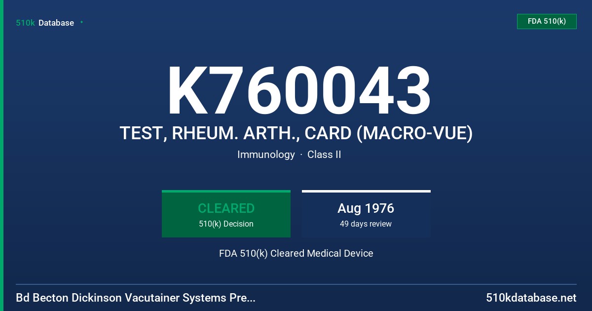 K760043 TEST, RHEUM. ARTH., CARD (MACRO-VUE) FDA 510(k) Cleared Medical Device