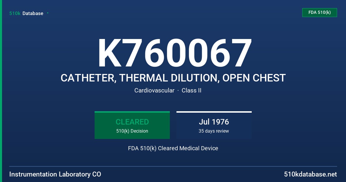 K760067 CATHETER, THERMAL DILUTION, OPEN CHEST FDA 510(k) Cleared Medical Device