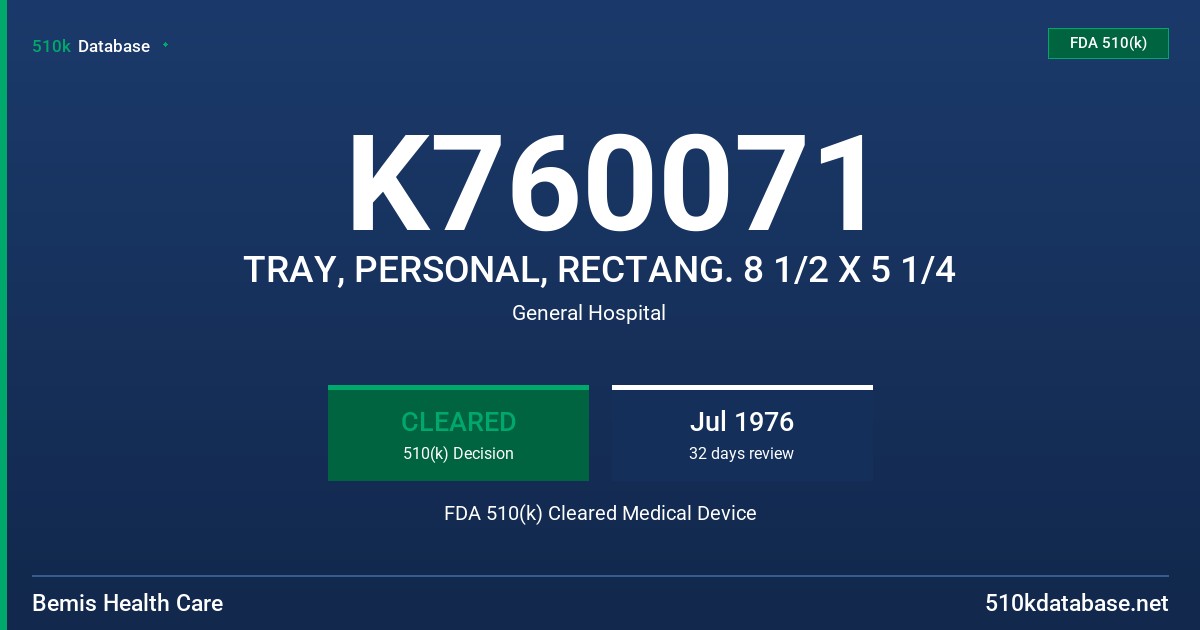 K760071 TRAY, PERSONAL, RECTANG. 8 1/2 X 5 1/4 FDA 510(k) Cleared Medical Device