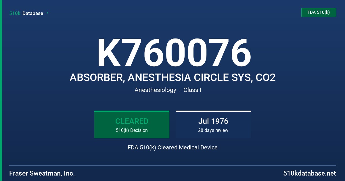 K760076 ABSORBER, ANESTHESIA CIRCLE SYS, CO2 FDA 510(k) Cleared Medical Device