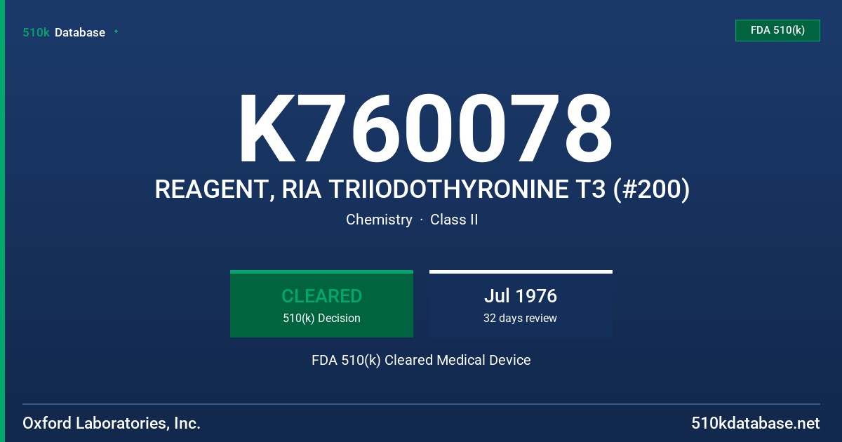 K760078 REAGENT, RIA TRIIODOTHYRONINE T3 (#200) FDA 510(k) Cleared Medical Device