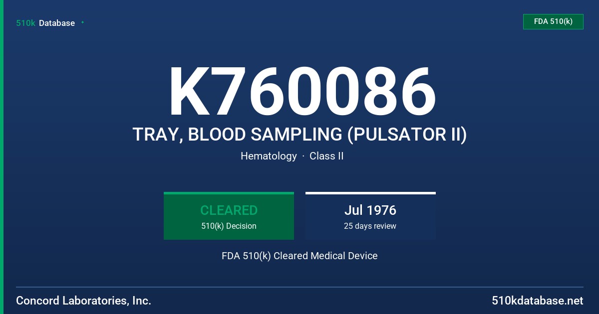 K760086 TRAY, BLOOD SAMPLING (PULSATOR II) FDA 510(k) Cleared Medical Device