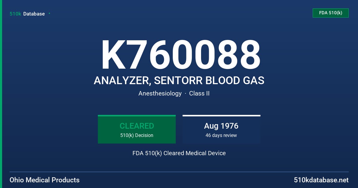 K760088 ANALYZER, SENTORR BLOOD GAS FDA 510(k) Cleared Medical Device