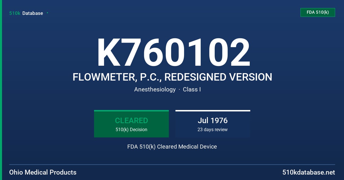 K760102 FLOWMETER, P.C., REDESIGNED VERSION FDA 510(k) Cleared Medical Device