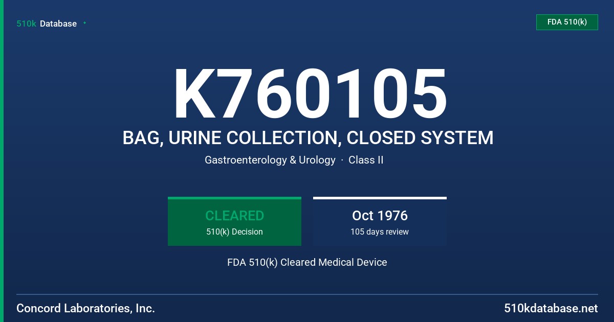 K760105 BAG, URINE COLLECTION, CLOSED SYSTEM FDA 510(k) Cleared Medical Device