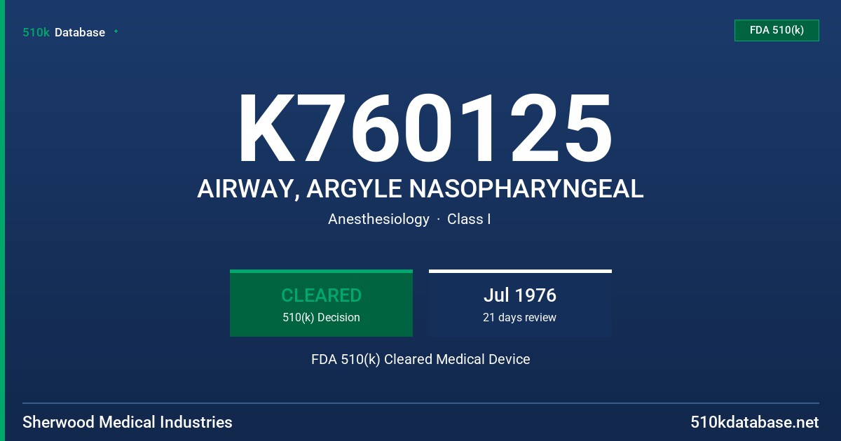 K760125 AIRWAY, ARGYLE NASOPHARYNGEAL FDA 510(k) Cleared Medical Device