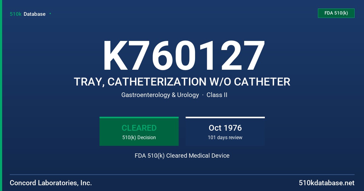K760127 TRAY, CATHETERIZATION W/O CATHETER FDA 510(k) Cleared Medical Device