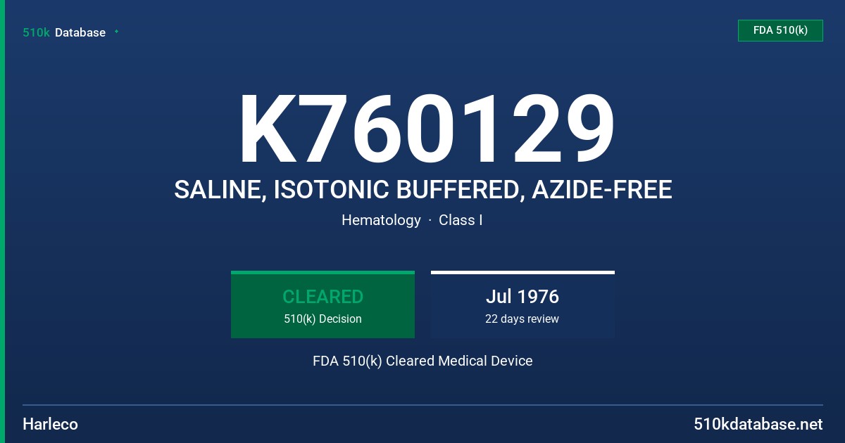 K760129 SALINE, ISOTONIC BUFFERED, AZIDE-FREE FDA 510(k) Cleared Medical Device
