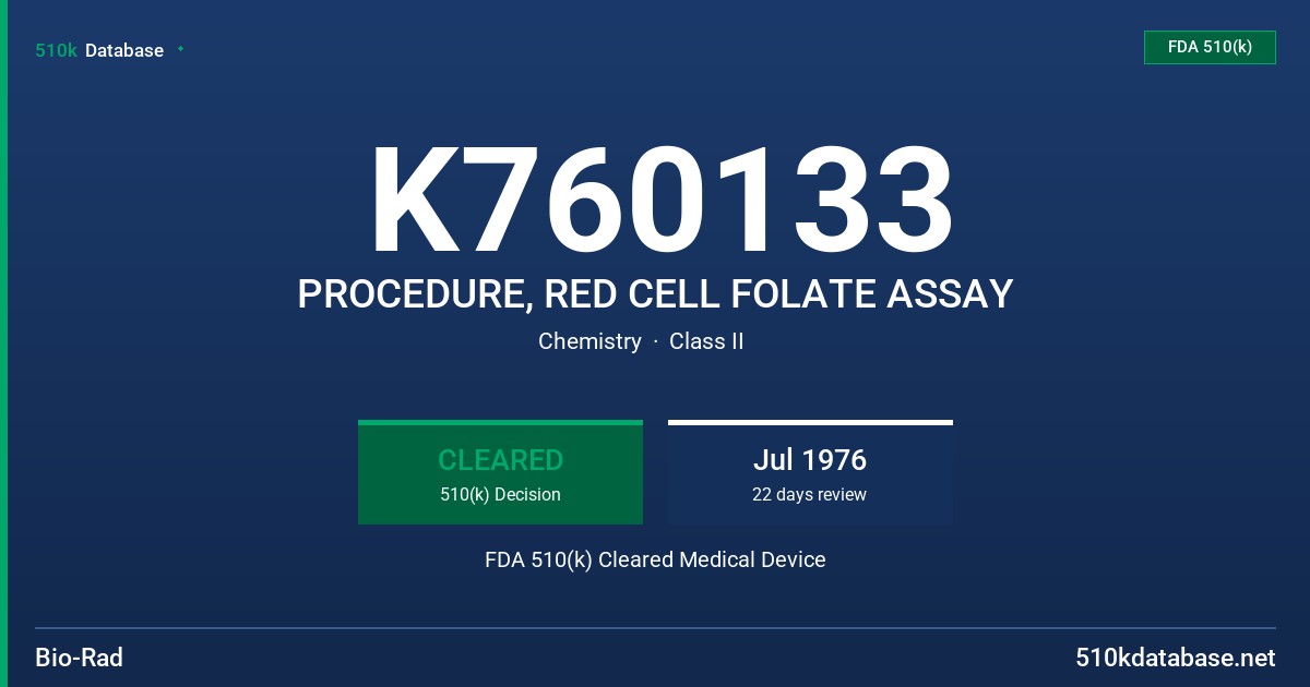 K760133 PROCEDURE, RED CELL FOLATE ASSAY FDA 510(k) Cleared Medical Device