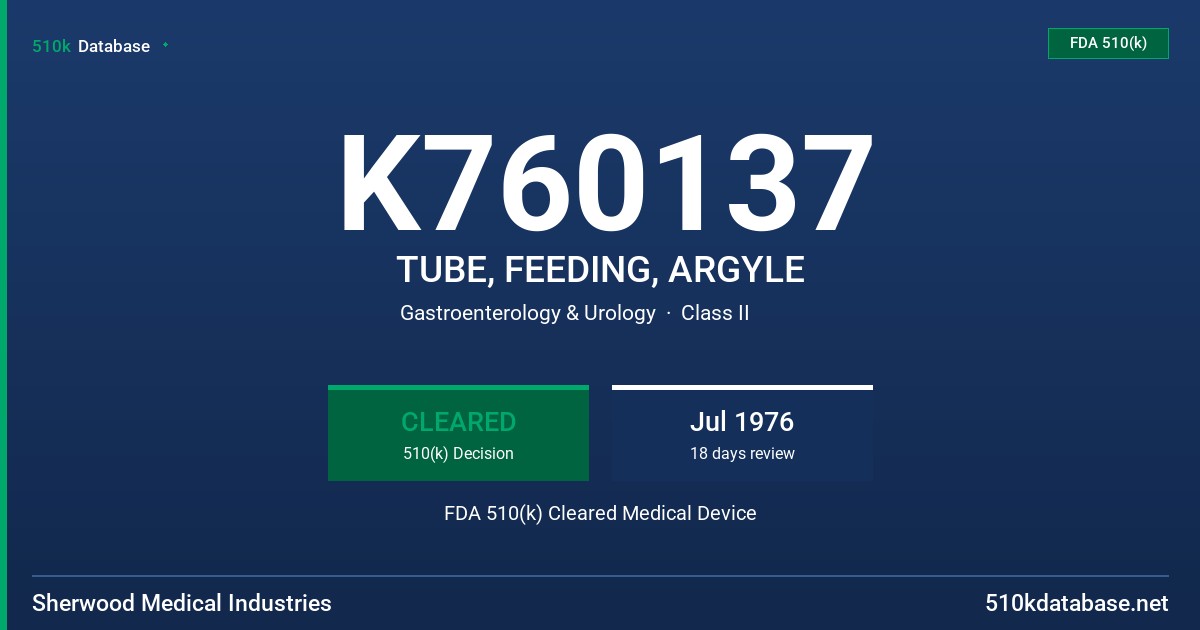 K760137 TUBE, FEEDING, ARGYLE FDA 510(k) Cleared Medical Device