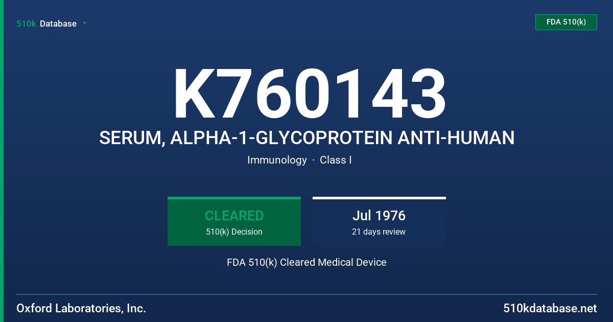 K760143 SERUM, ALPHA-1-GLYCOPROTEIN ANTI-HUMAN FDA 510(k) Cleared Medical Device
