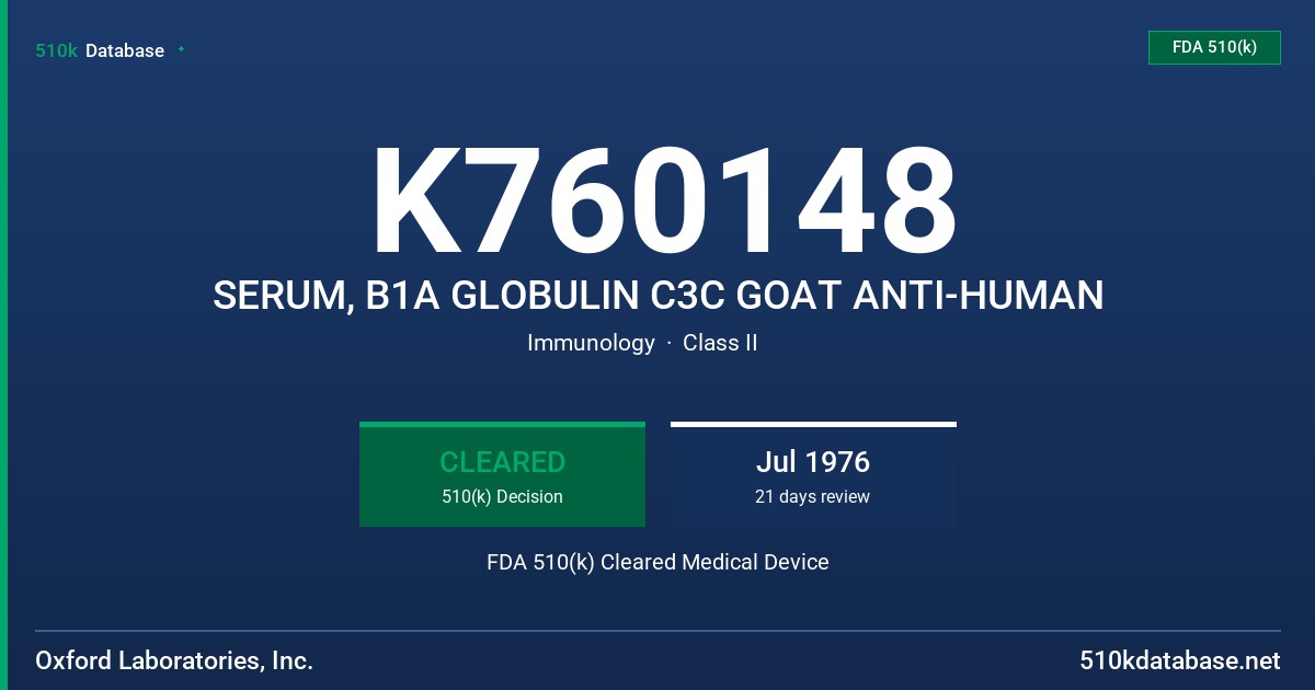 K760148 SERUM, B1A GLOBULIN C3C GOAT ANTI-HUMAN FDA 510(k) Cleared Medical Device