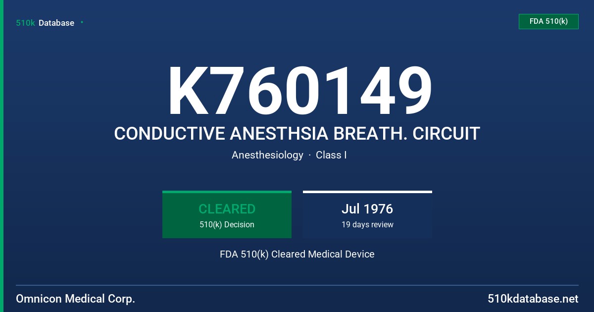 K760149 CONDUCTIVE ANESTHSIA BREATH. CIRCUIT FDA 510(k) Cleared Medical Device