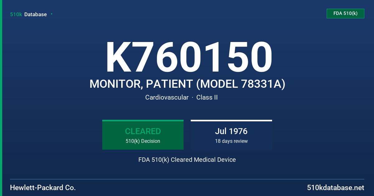 K760150 MONITOR, PATIENT (MODEL 78331A) FDA 510(k) Cleared Medical Device