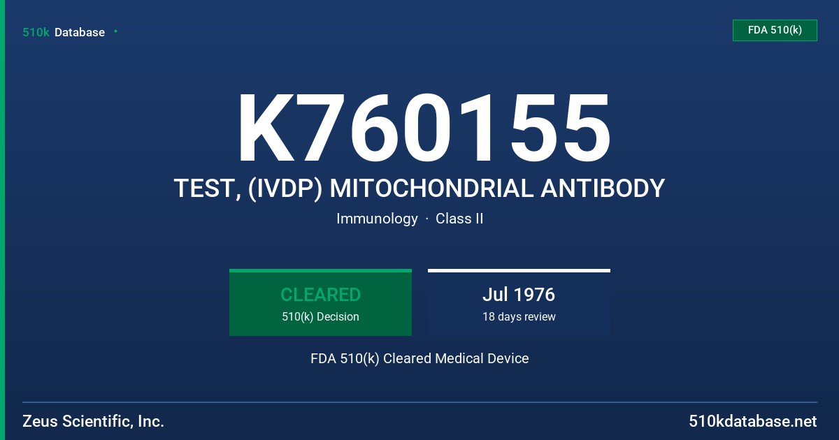 K760155 TEST, (IVDP) MITOCHONDRIAL ANTIBODY FDA 510(k) Cleared Medical Device