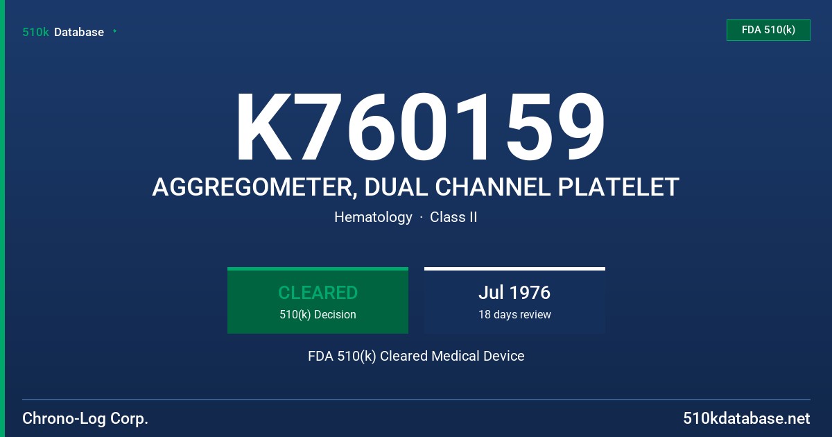 K760159 AGGREGOMETER, DUAL CHANNEL PLATELET FDA 510(k) Cleared Medical Device