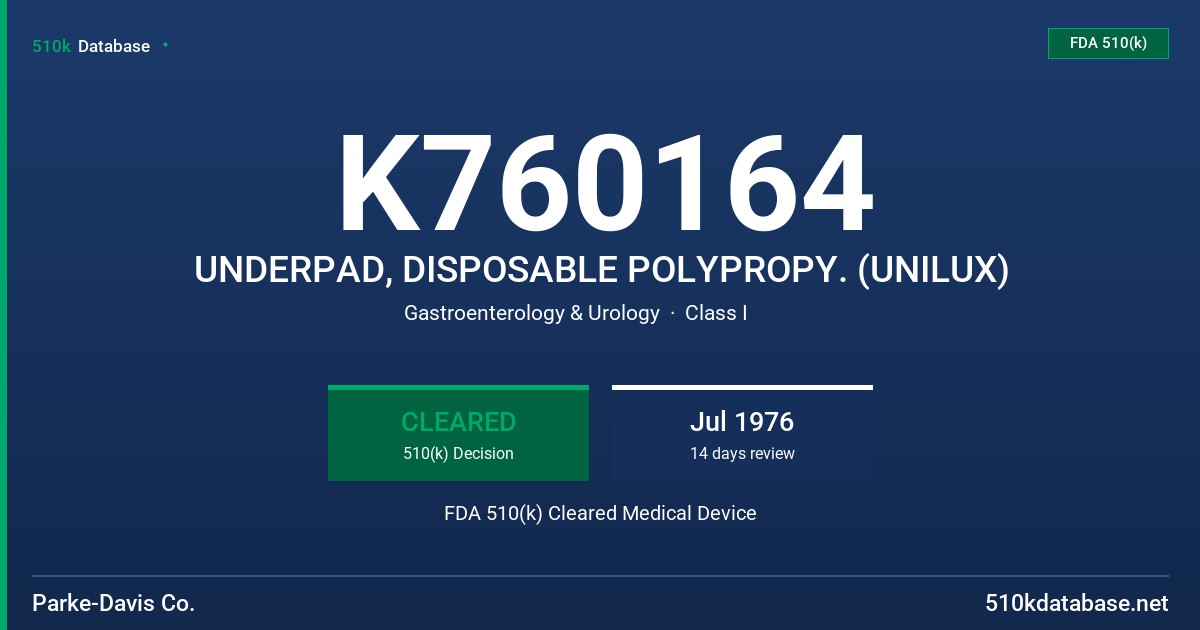 K760164 UNDERPAD, DISPOSABLE POLYPROPY. (UNILUX) FDA 510(k) Cleared Medical Device