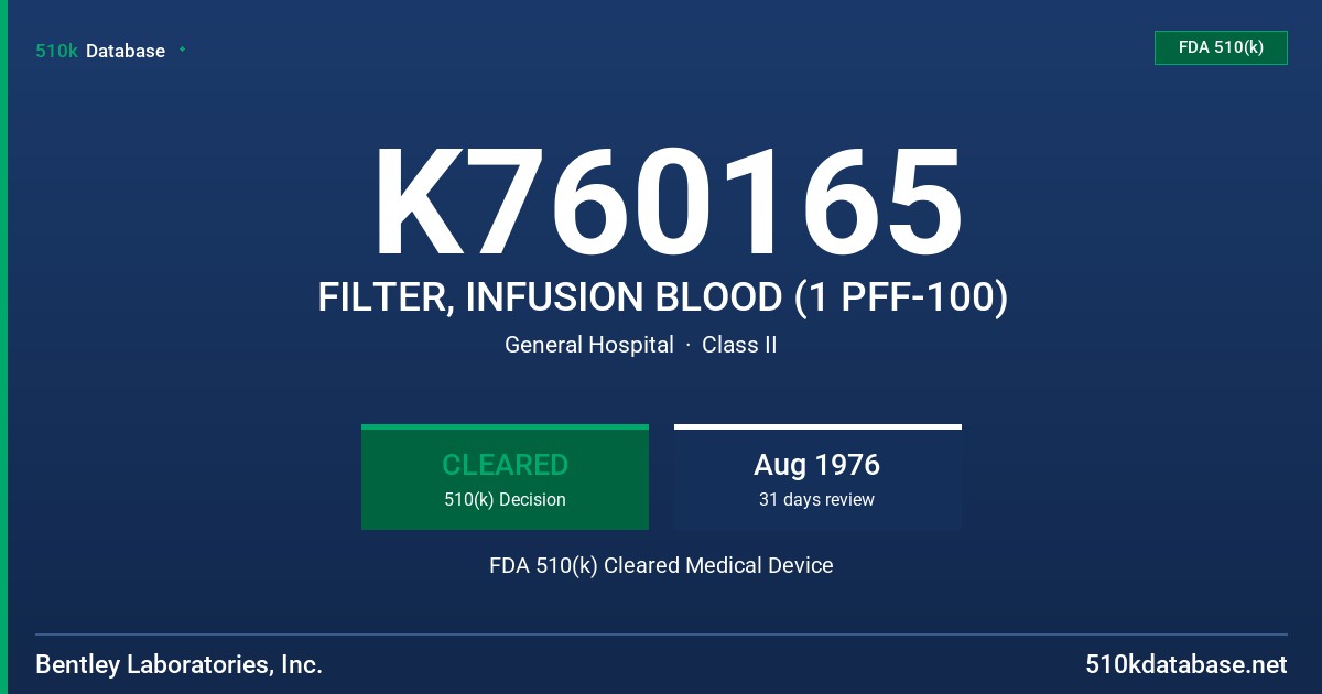 K760165 FILTER, INFUSION BLOOD (1 PFF-100) FDA 510(k) Cleared Medical Device
