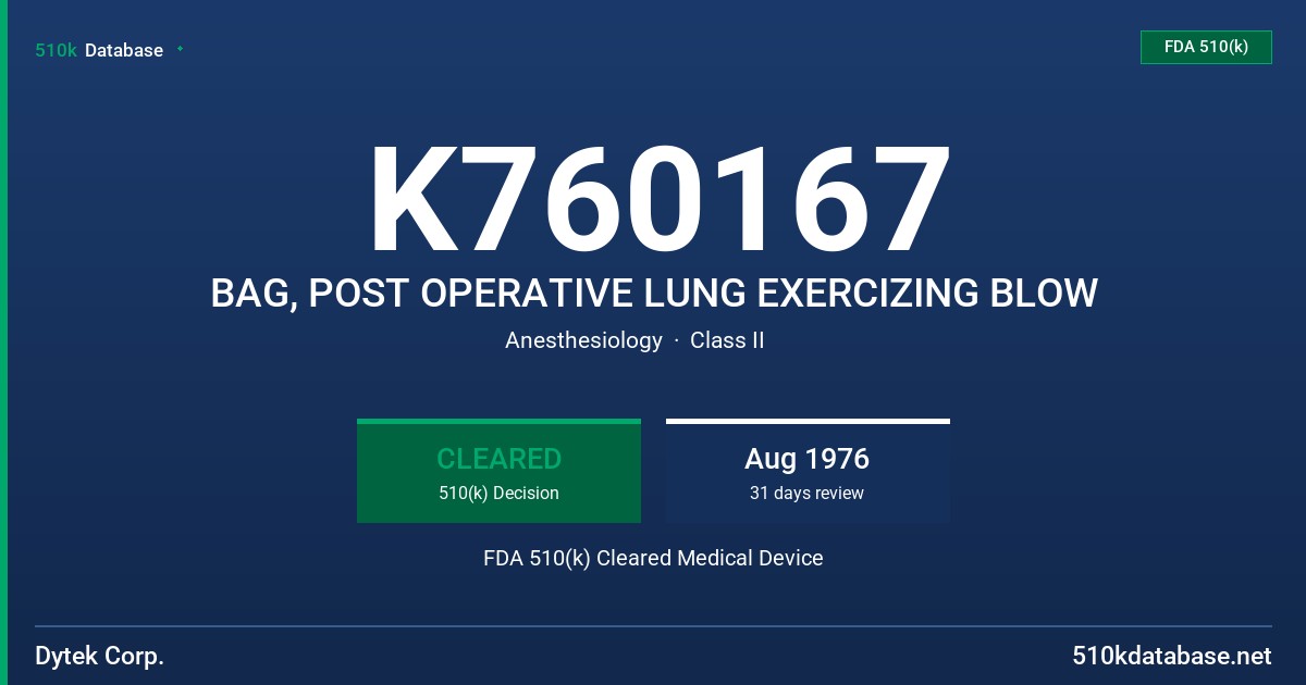 K760167 BAG, POST OPERATIVE LUNG EXERCIZING BLOW FDA 510(k) Cleared Medical Device