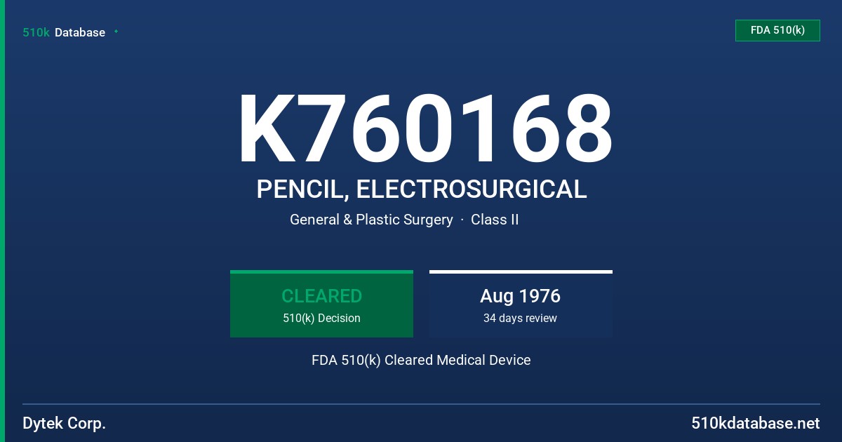 K760168 PENCIL, ELECTROSURGICAL FDA 510(k) Cleared Medical Device