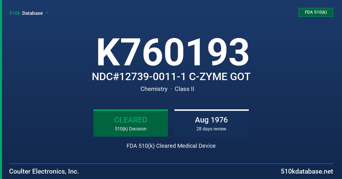 K760193 NDC#12739-0011-1 C-ZYME GOT FDA 510(k) Cleared Medical Device