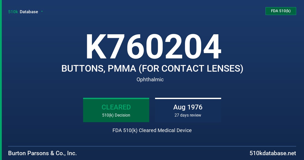K760204 BUTTONS, PMMA (FOR CONTACT LENSES) FDA 510(k) Cleared Medical Device