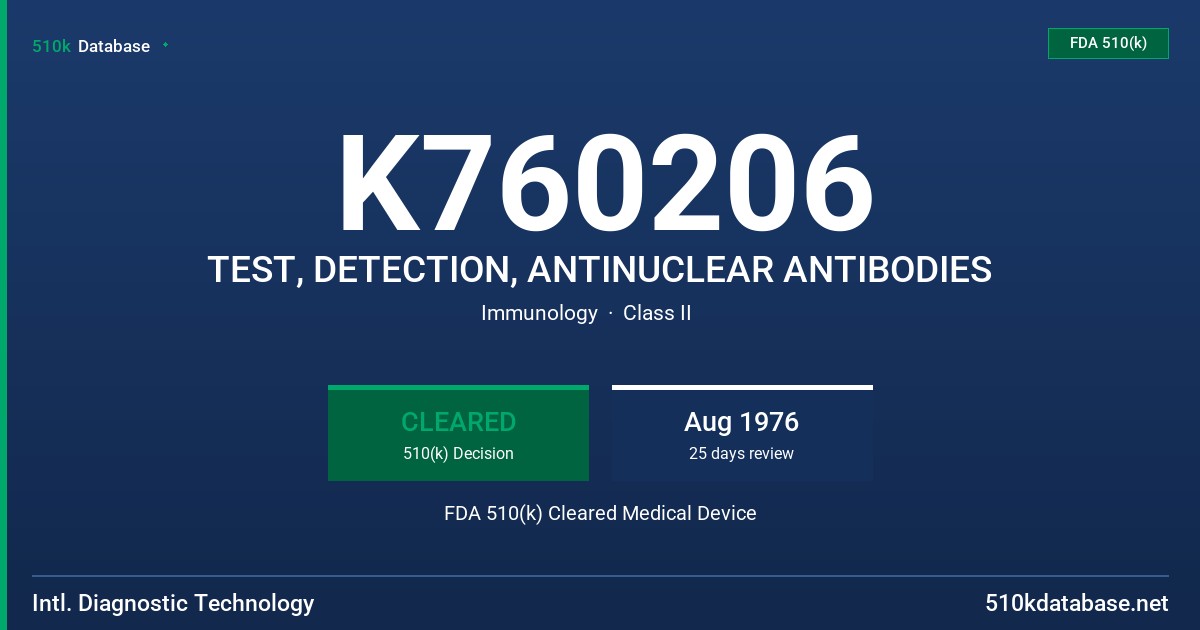 K760206 TEST, DETECTION, ANTINUCLEAR ANTIBODIES FDA 510(k) Cleared Medical Device